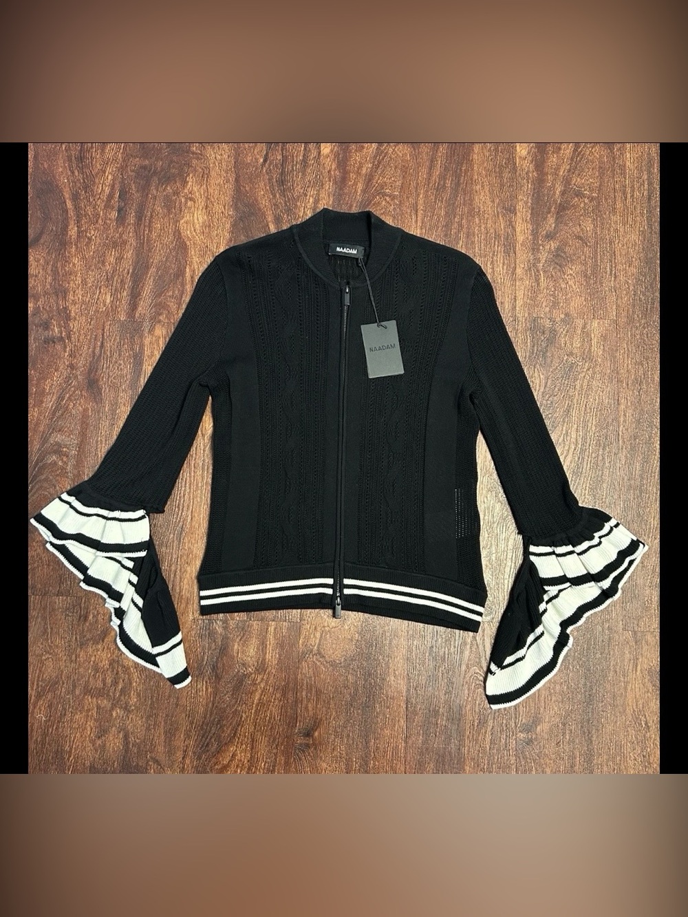 Naadam cotton/ merino wool blend zip up sweater with bell sleeves